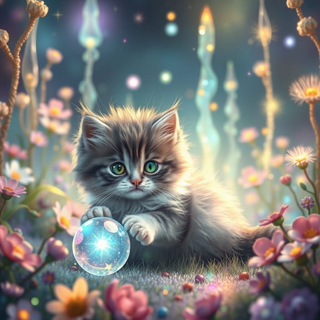 Whimsical Kitten Plays in Celestial Garden with Mother