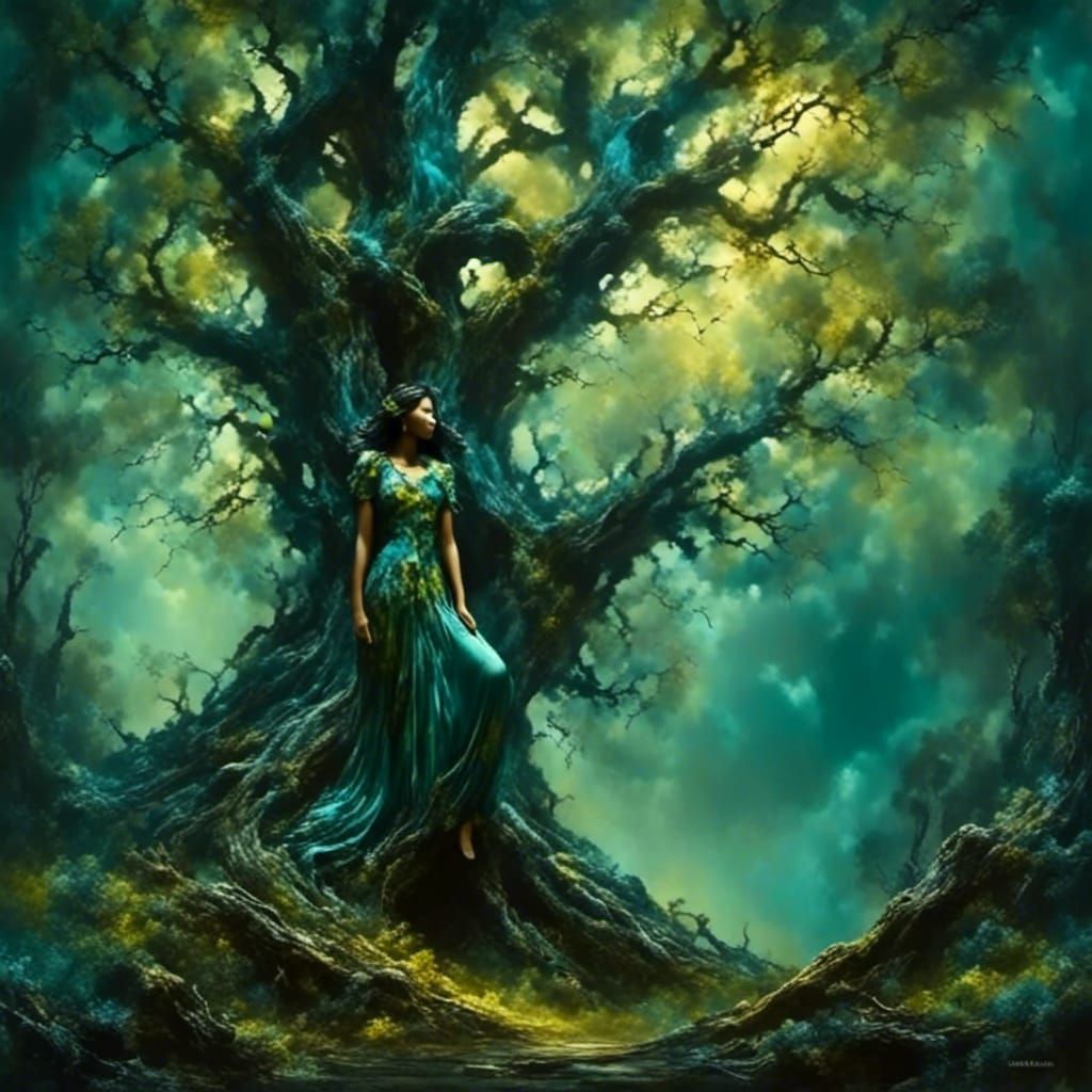 Beautiful Dryad Emerging From Forest Tree