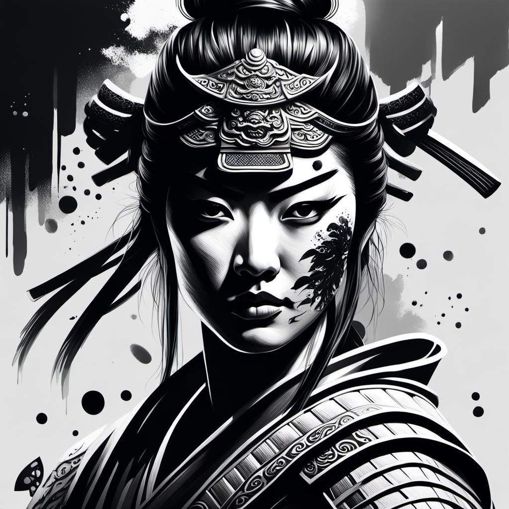 Mysterious Samurai Girl in Hyperrealistic Splash Art