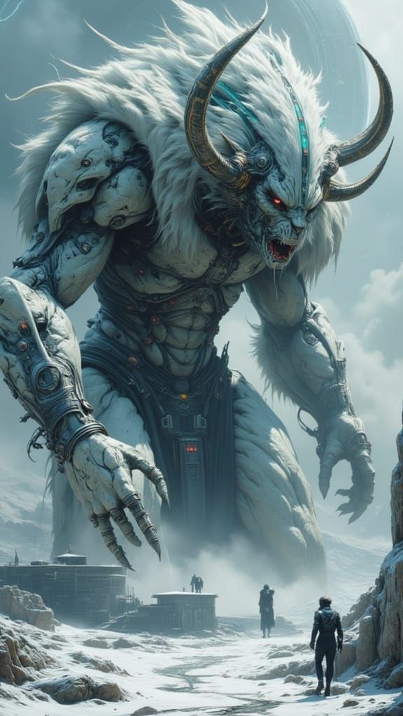 Colossal Cybernetic Warbeast in Snowy Alien Landscape