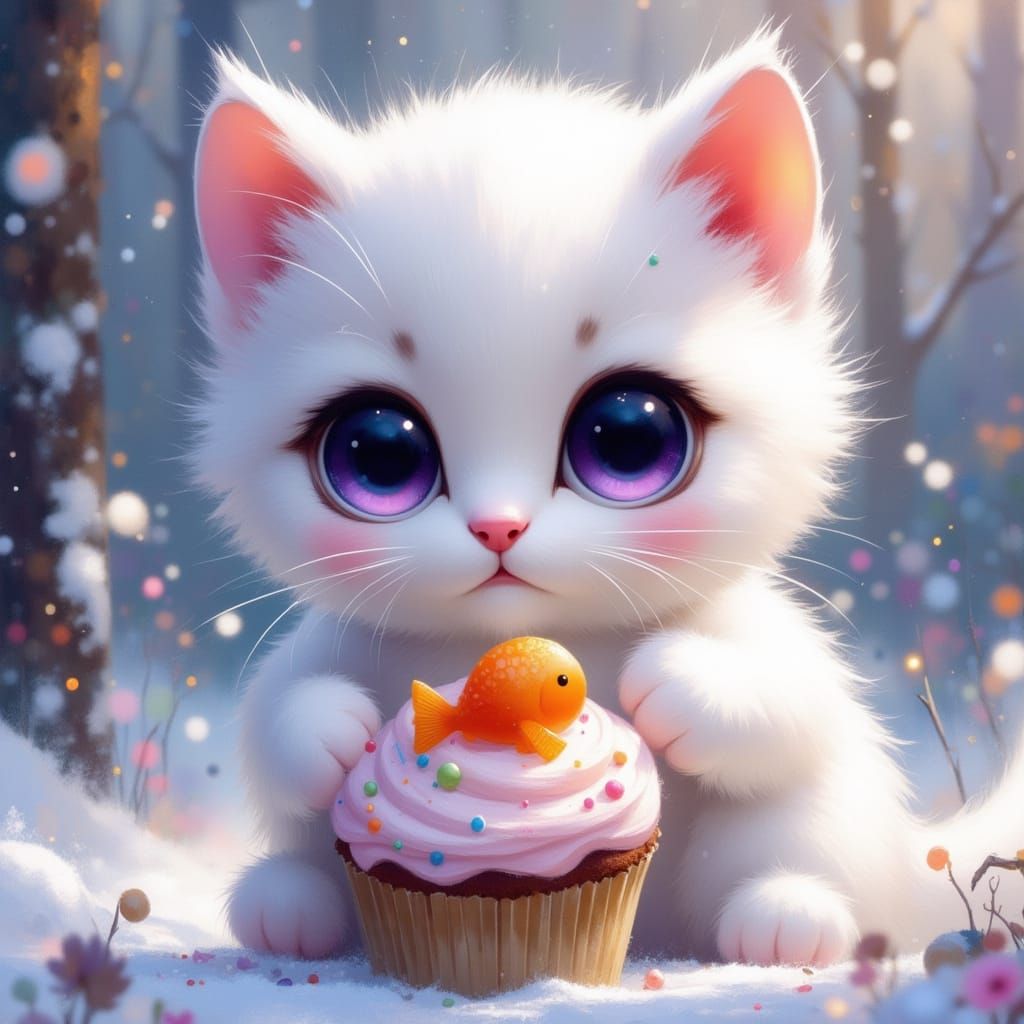 Cute Kitten With Cupcake in Snowy Forest