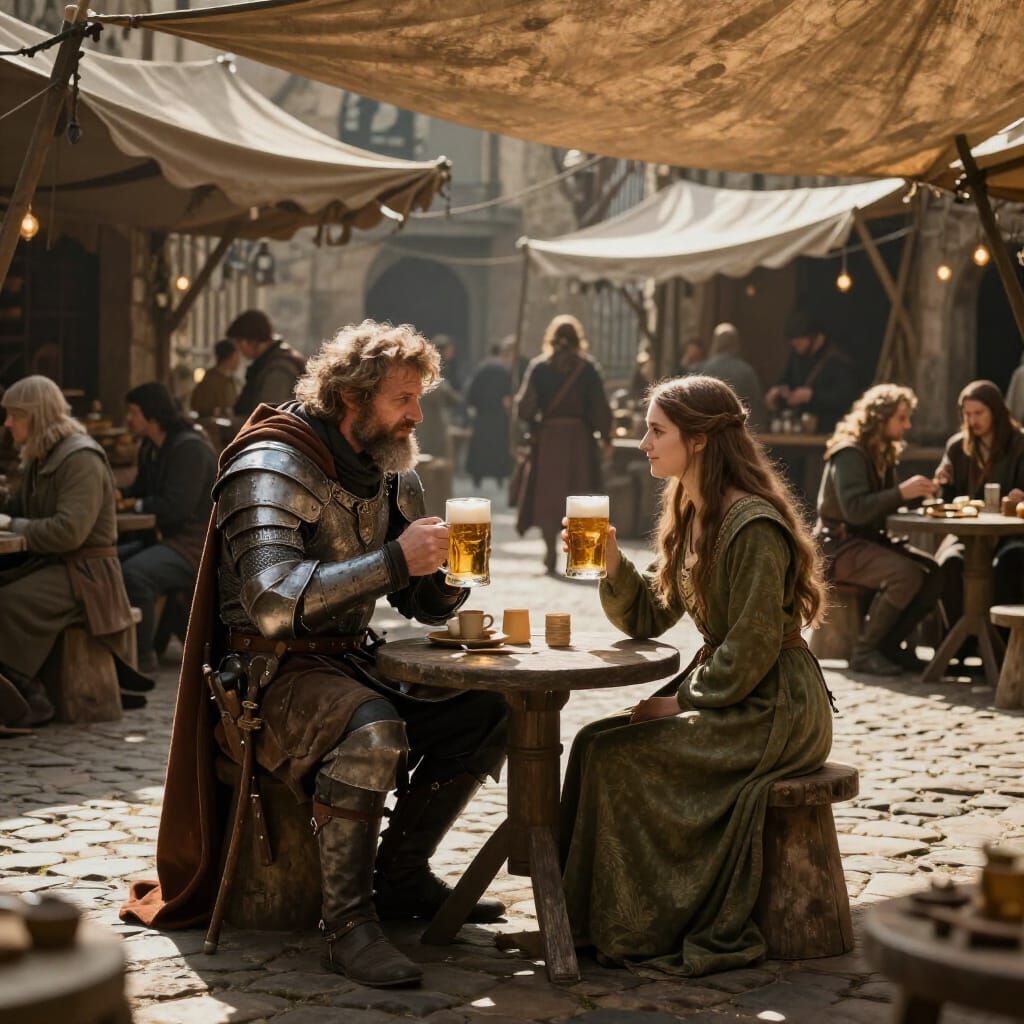Knight and Elf Share Ale in Bustling Medieval Market