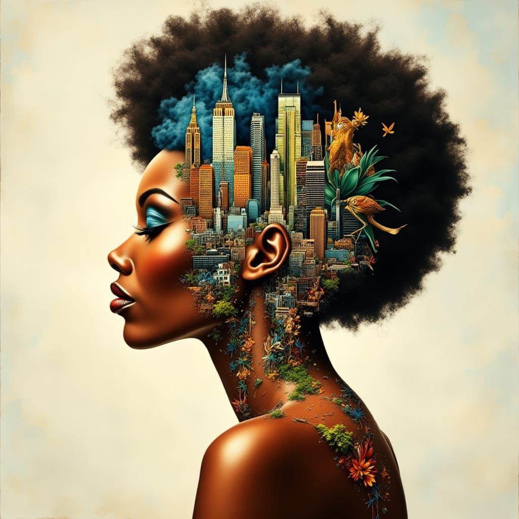 Black Woman with Cityscape Double Exposure