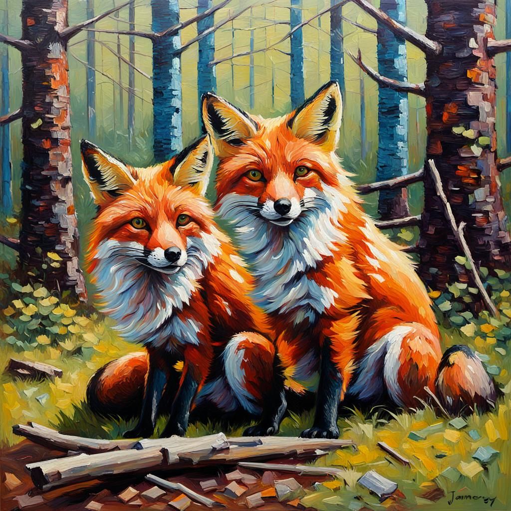 Foxes in Forest: Bright Impasto Oil Painting