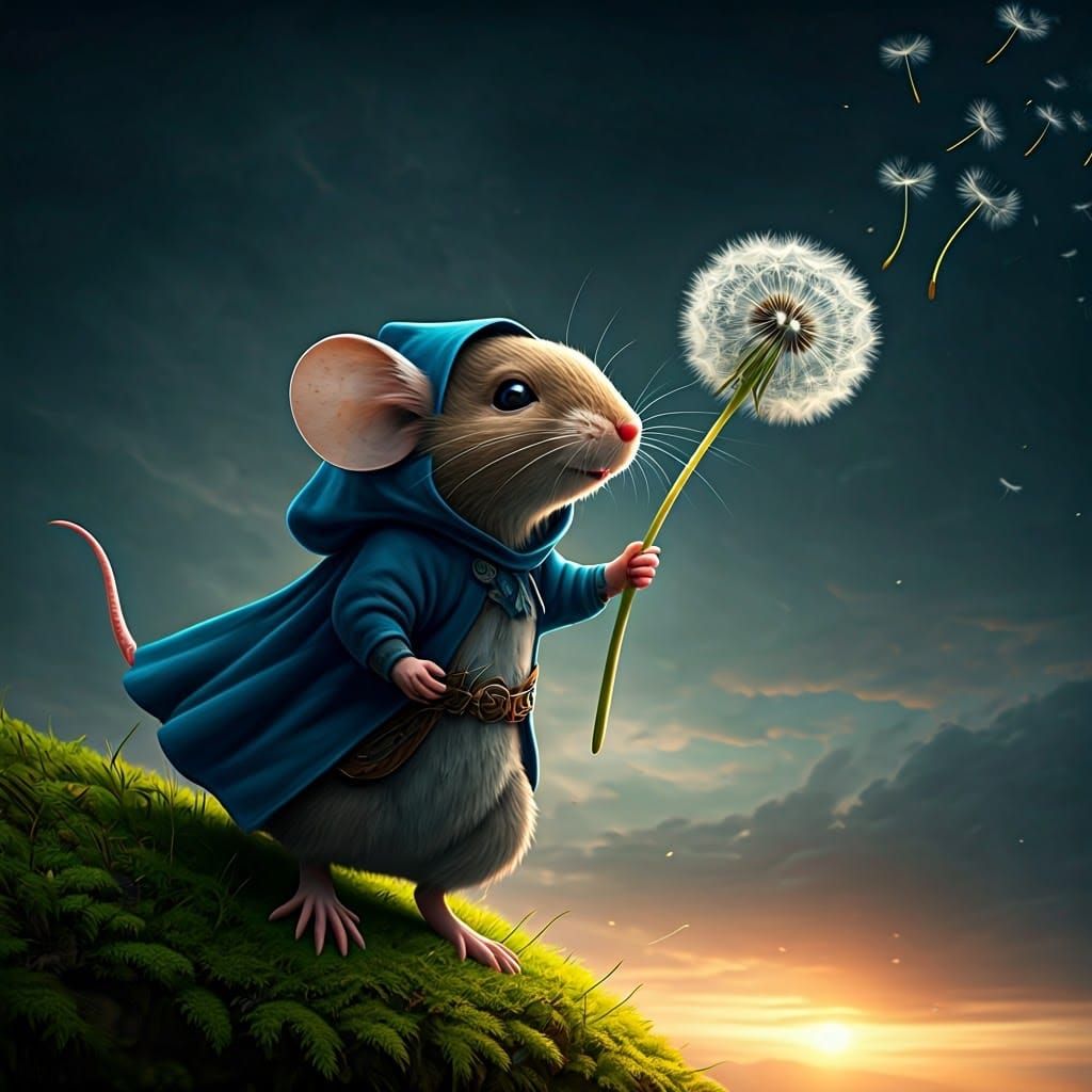 Anthropomorphic Mouse in Blue Cloak Soars with Dandelion