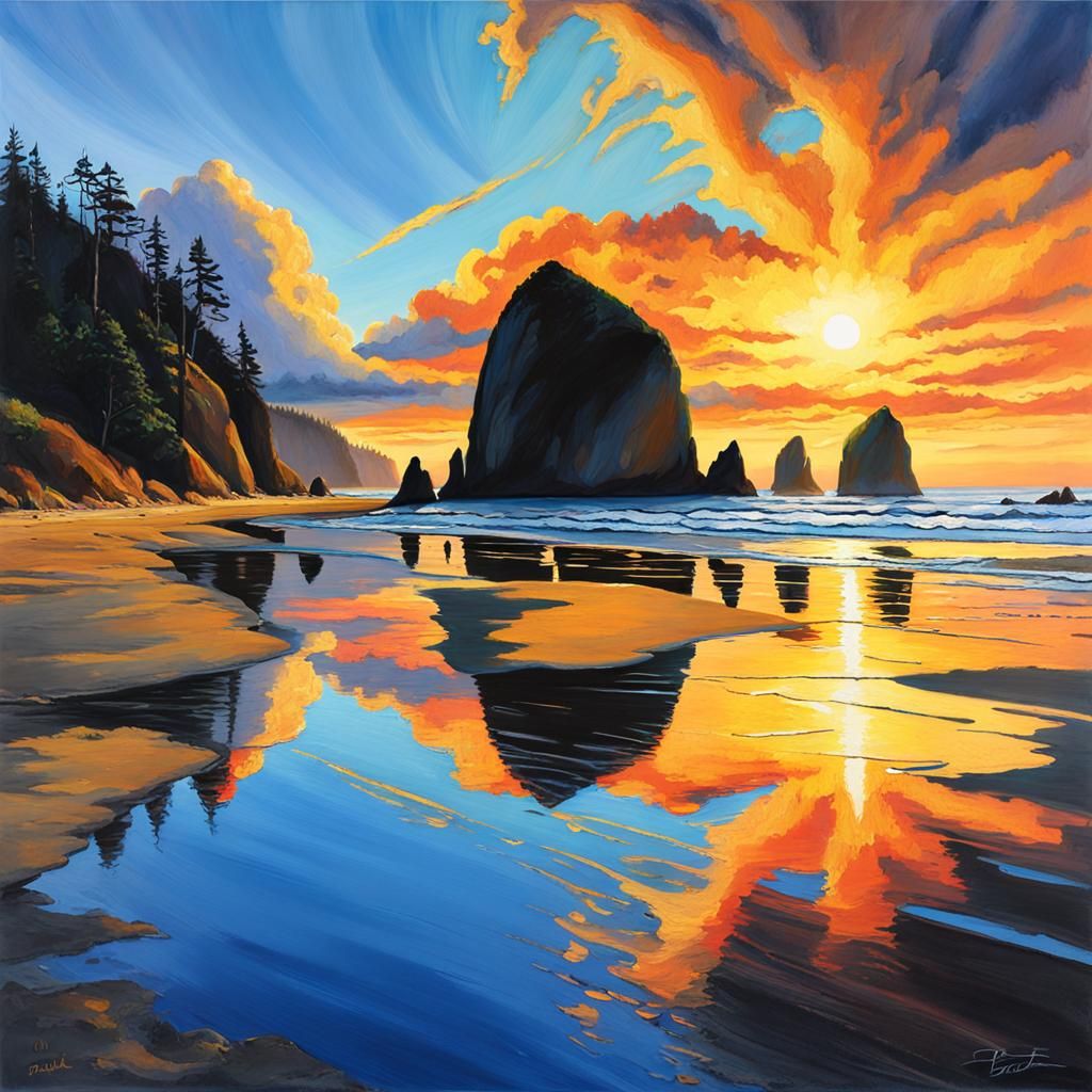 Oregon Coast Haystack Rock Sunset Painting
