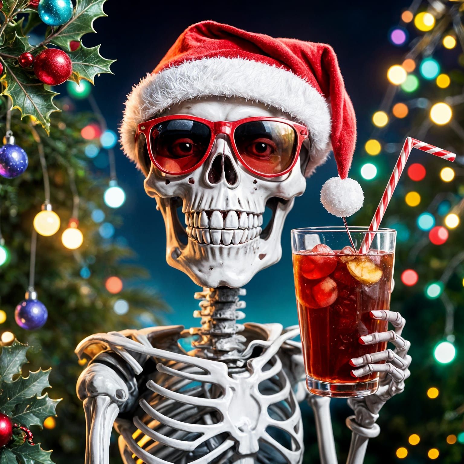 Festive Skeleton Celebrates Christmas in Red