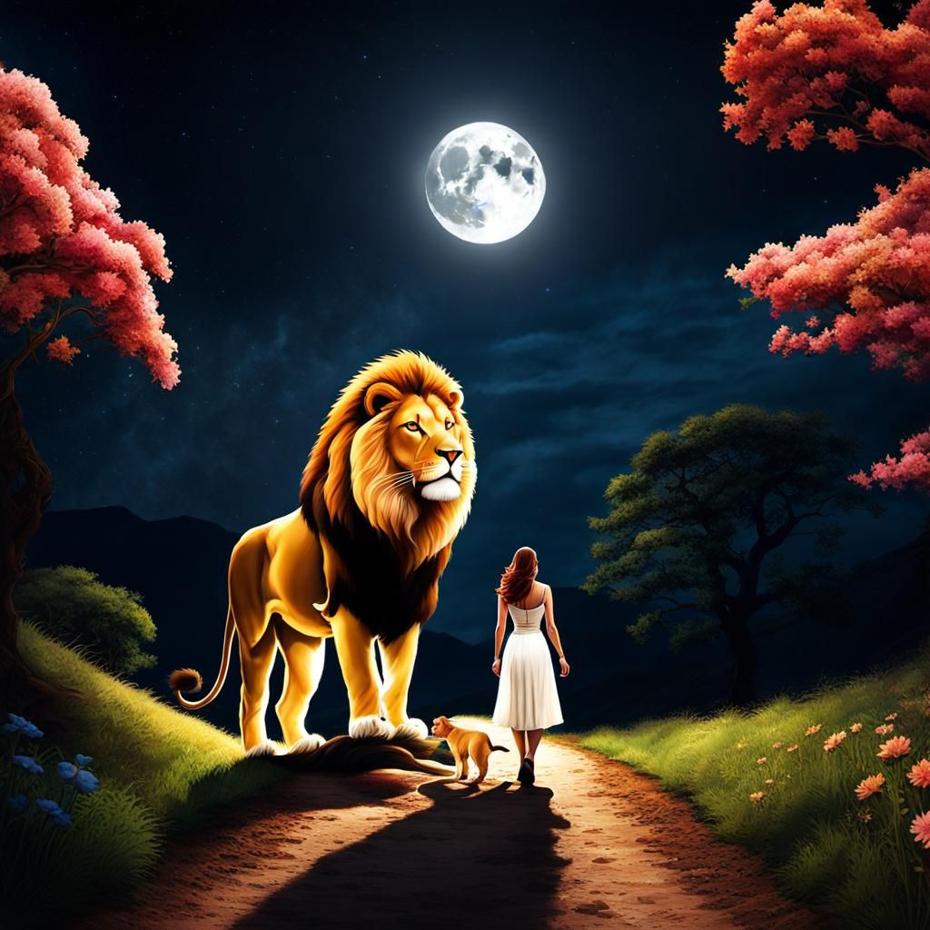 Girl and Lion Journey to Mysterious Moon