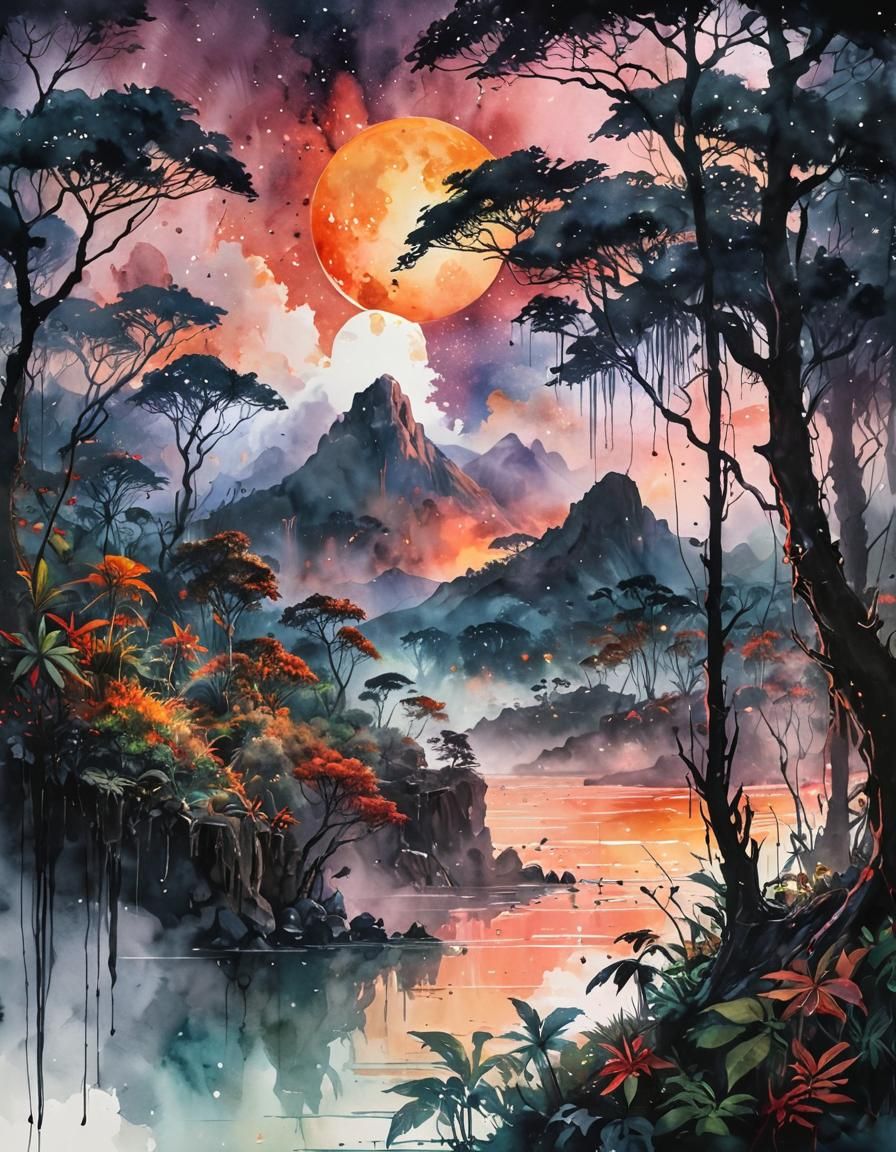 Rainforest Sunset with Blood Moon in Watercolour