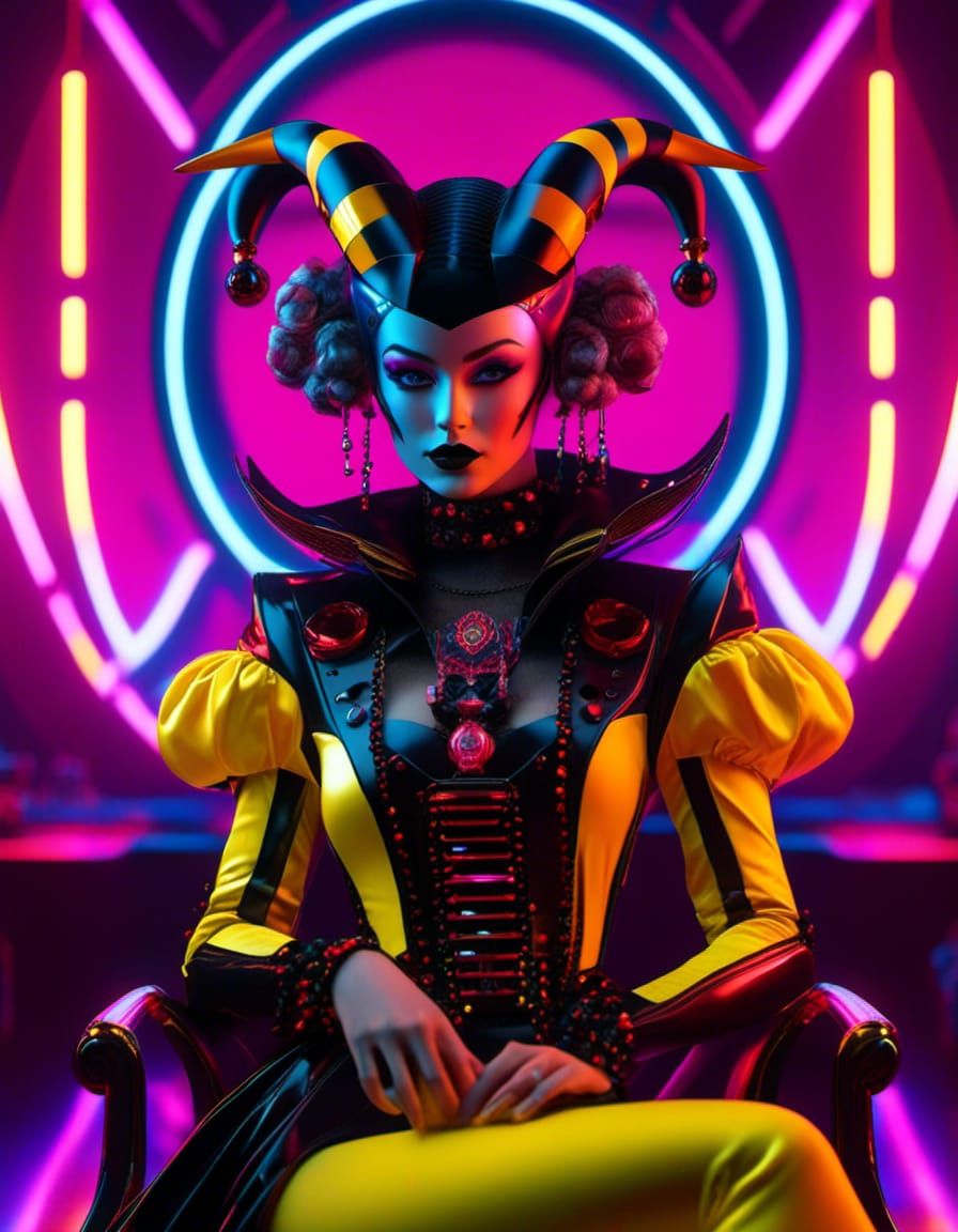 vaporwave cyberpunk Tarot: The Jester whimsical, TRON inspired, face up, red, black and yellow, face up, Unreal Engine5 ...