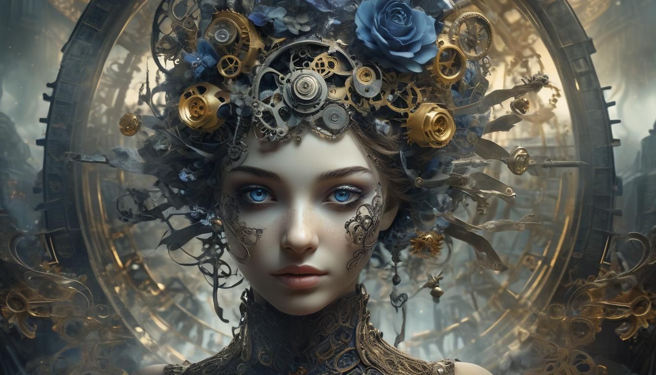 Surreal Hemispheric Portrait with Clockwork and Flowers