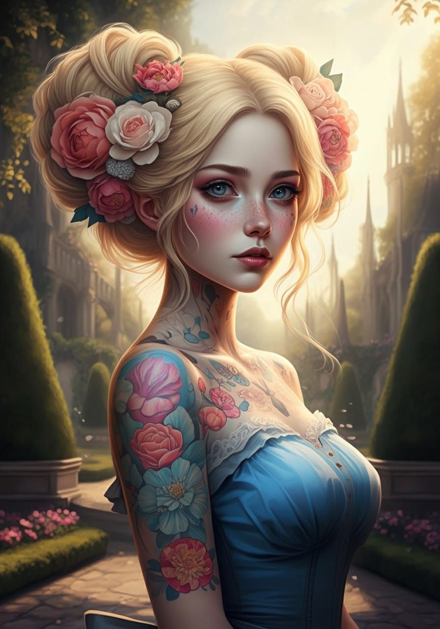 Surreal Anime Alice in Wonderland Renaissance Garden Scene