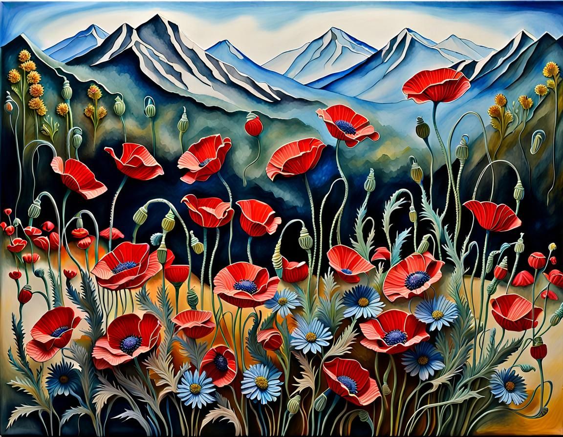 Sculptural 3D Red Poppies and Wildflowers