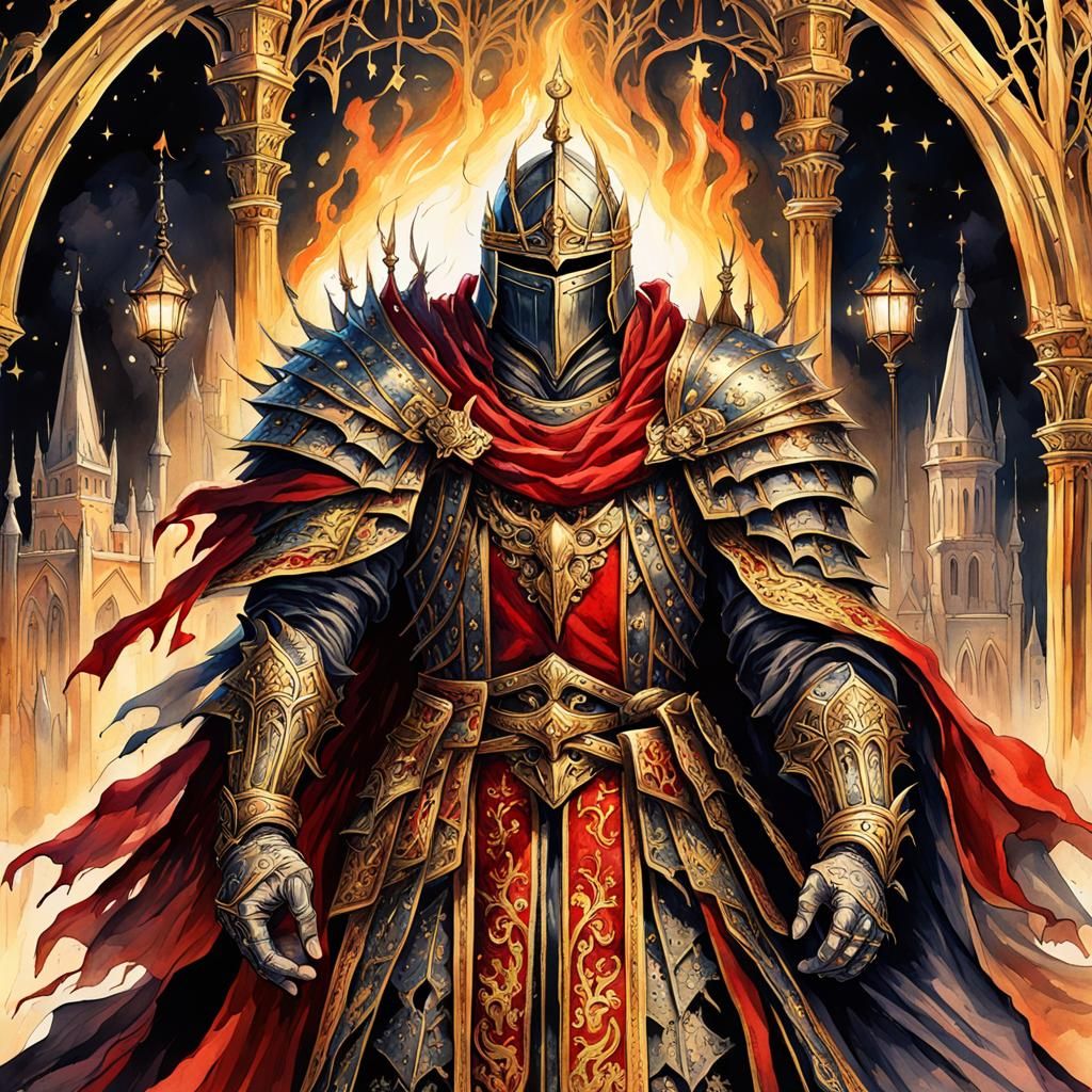 Gothic Knight Monarch with Magical Staff in Watercolor