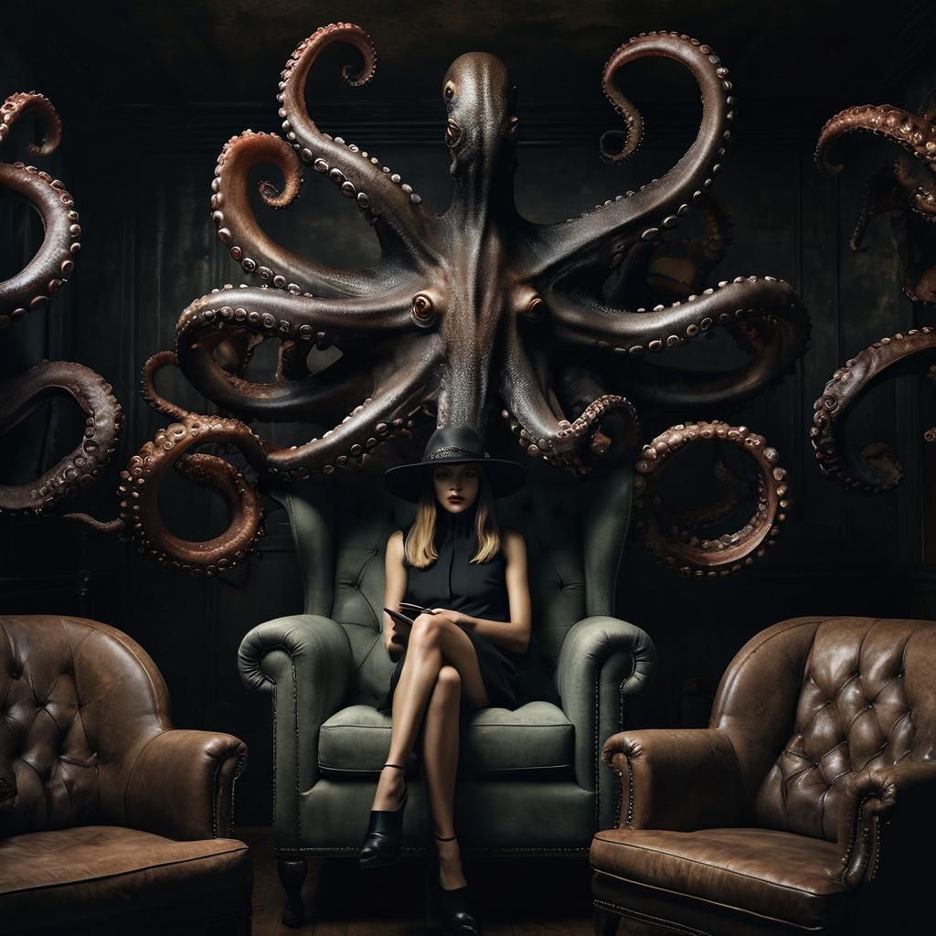 Woman with Octopus and Oversized Safari Hat