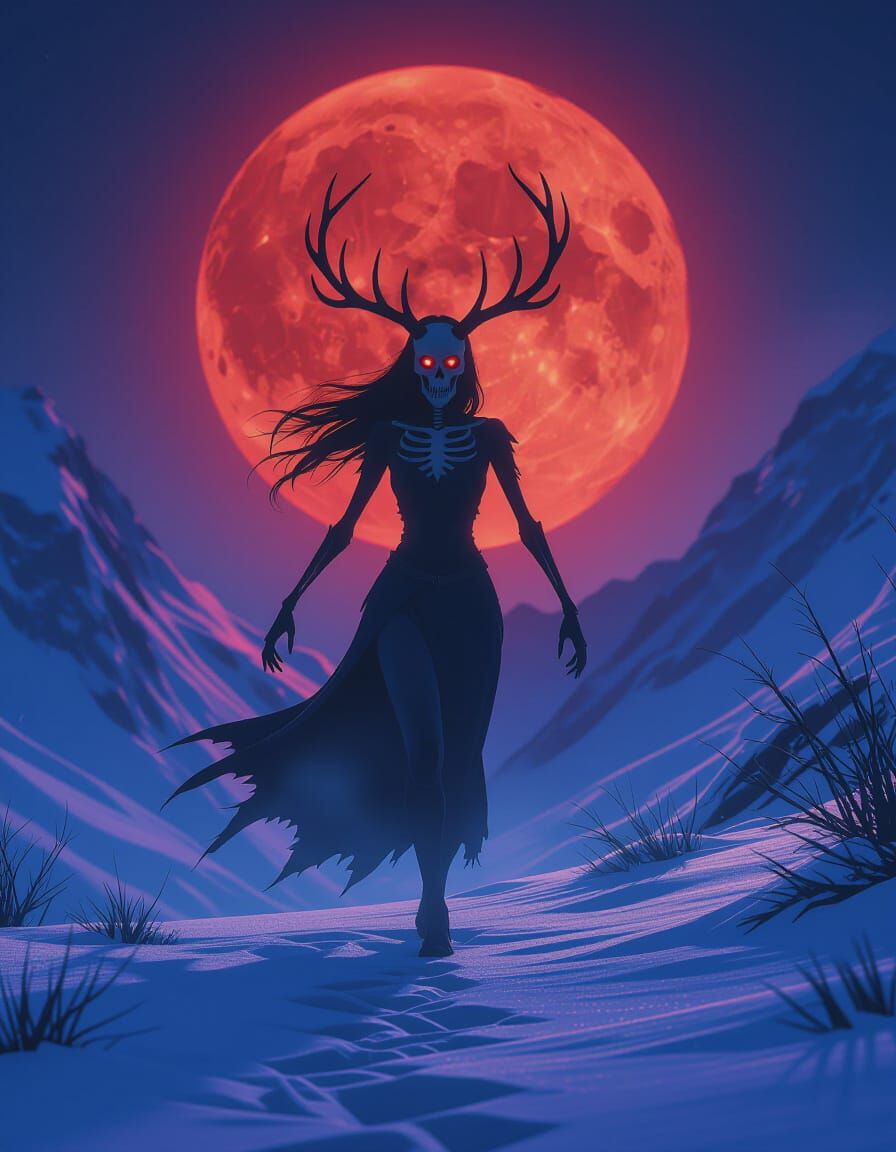 Wendigo Waifu Under Blood Moon in Dark Fantasy Style