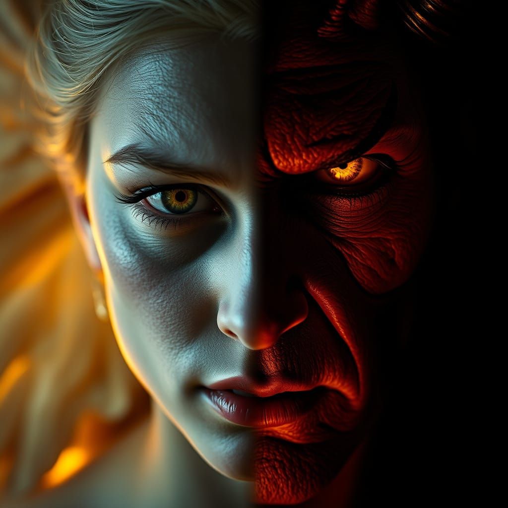 Half-Angel Demon Hybrid in Golden Light and Dark Shadows