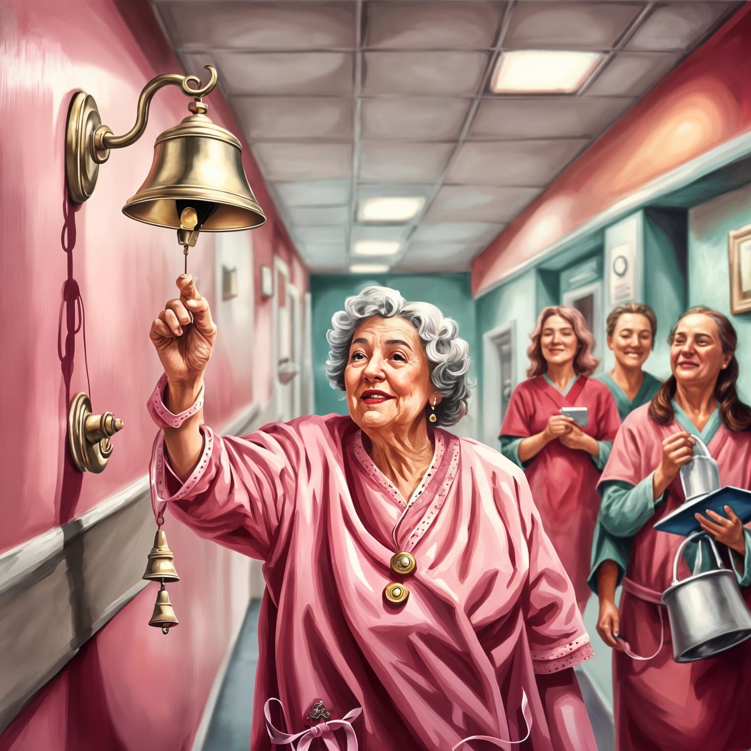 Pink Celebration: Woman Rings Bell in Hospital