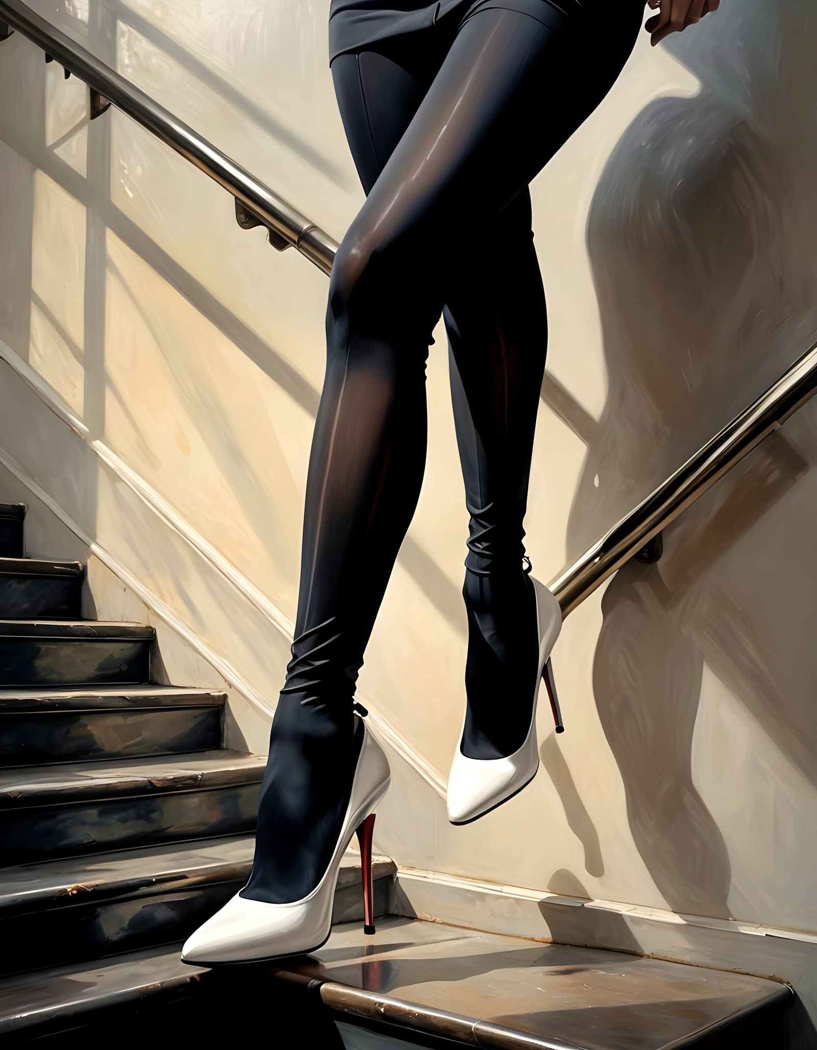 Hyperrealistic Woman's Legs in High Heels on Stairway
