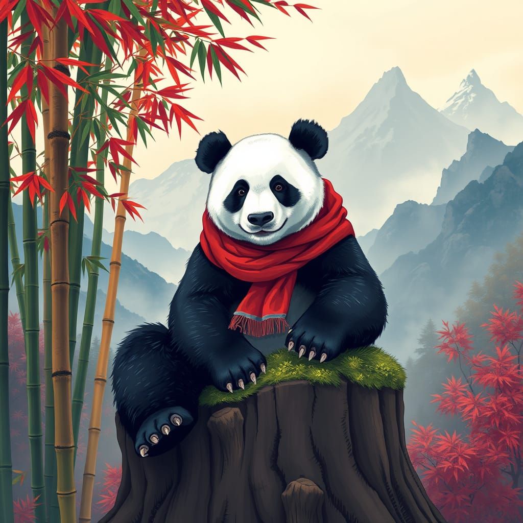 Panda in a Bamboo Forest, Art Nouveau Style
