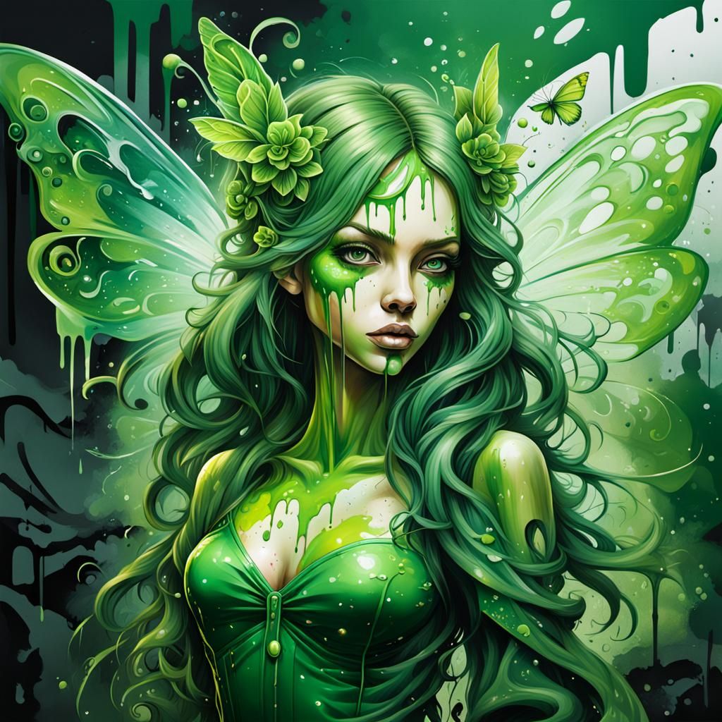 Graffiti Art Green Fairy in Spray Paint Style