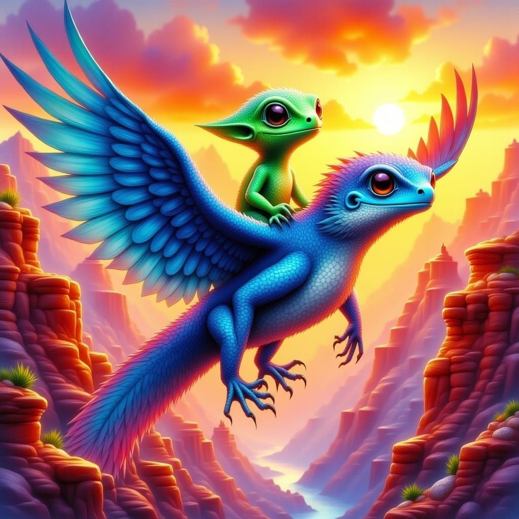 Alien Rides Gecko-Eagle Through Grand Canyon: Watercolor Sty...