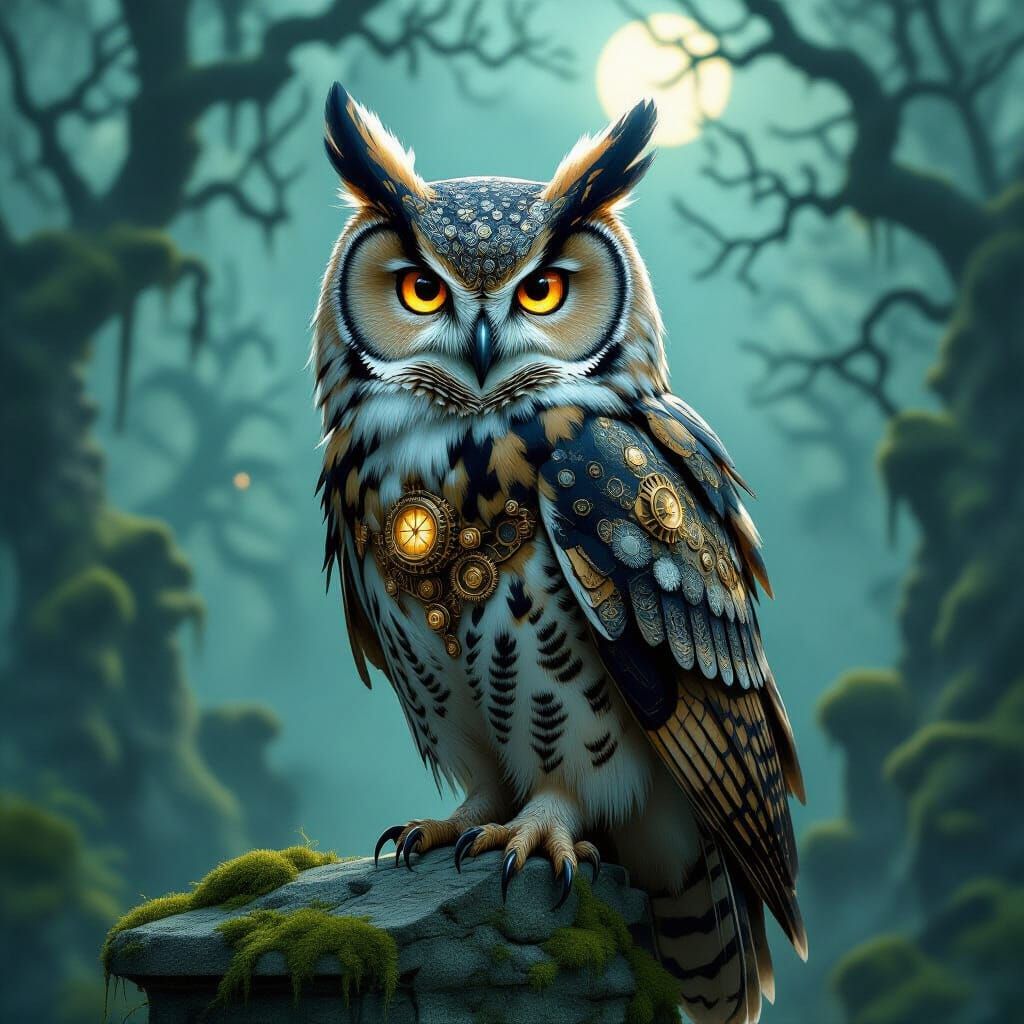 Steampunk Owl on Ancient Ruins with Glowing Eyes