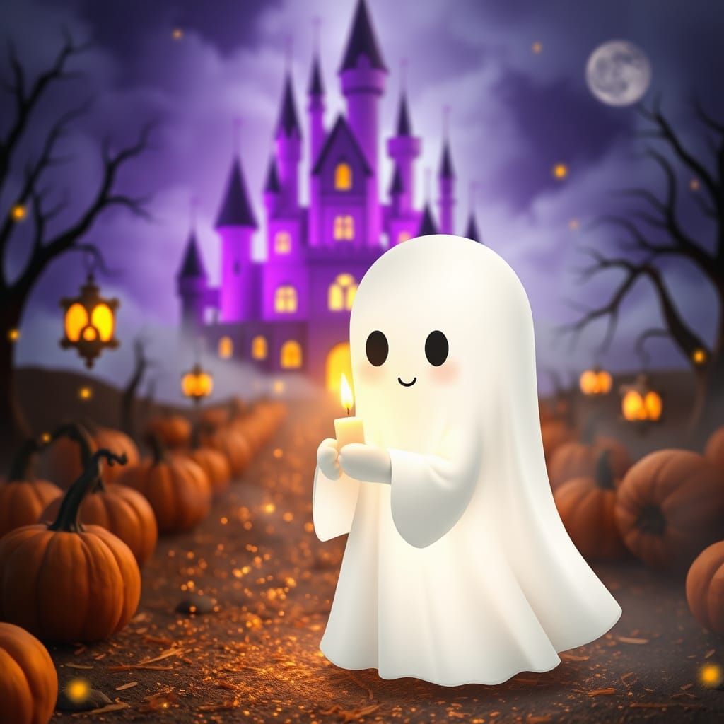 Adorable Ghost Chibi with Halloween Castle