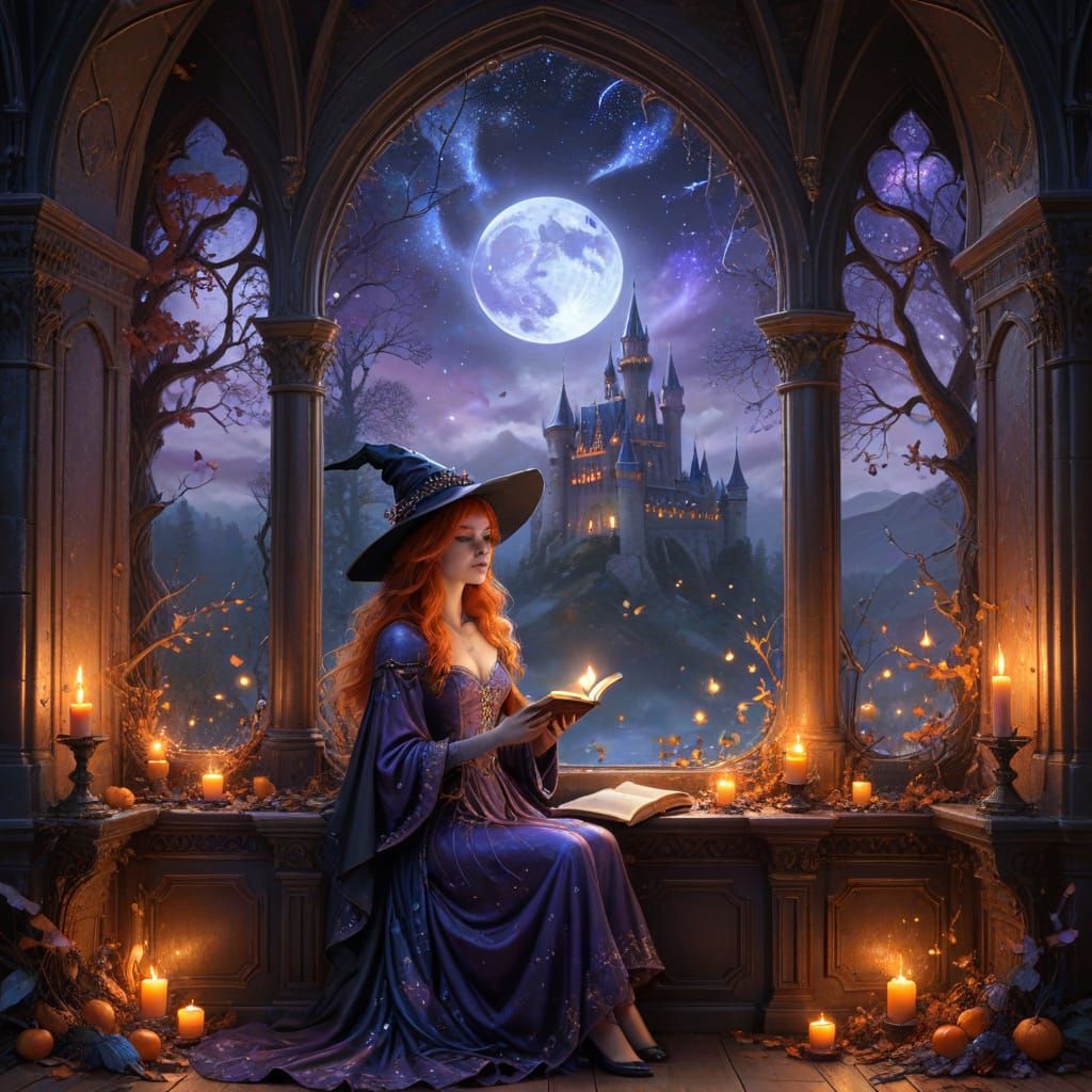 Witch Reading Spell Book by Full Moon