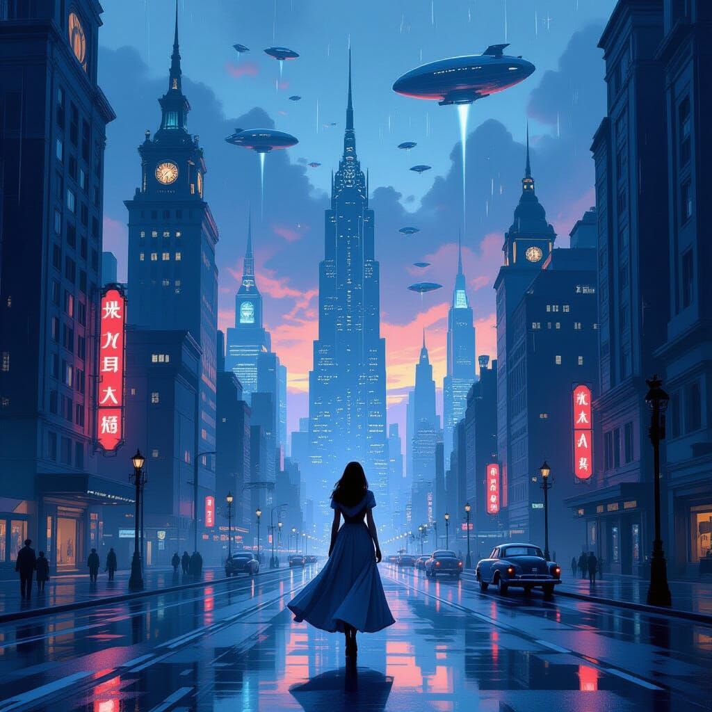 Woman in Vintage Dress on Retro-Futuristic City Street