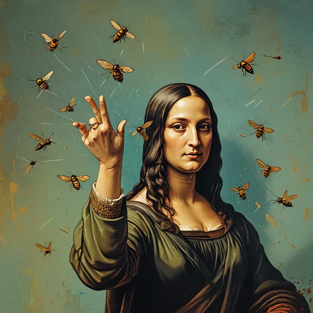 Humorous Hyperrealistic Mona Lisa Swatting a Fly