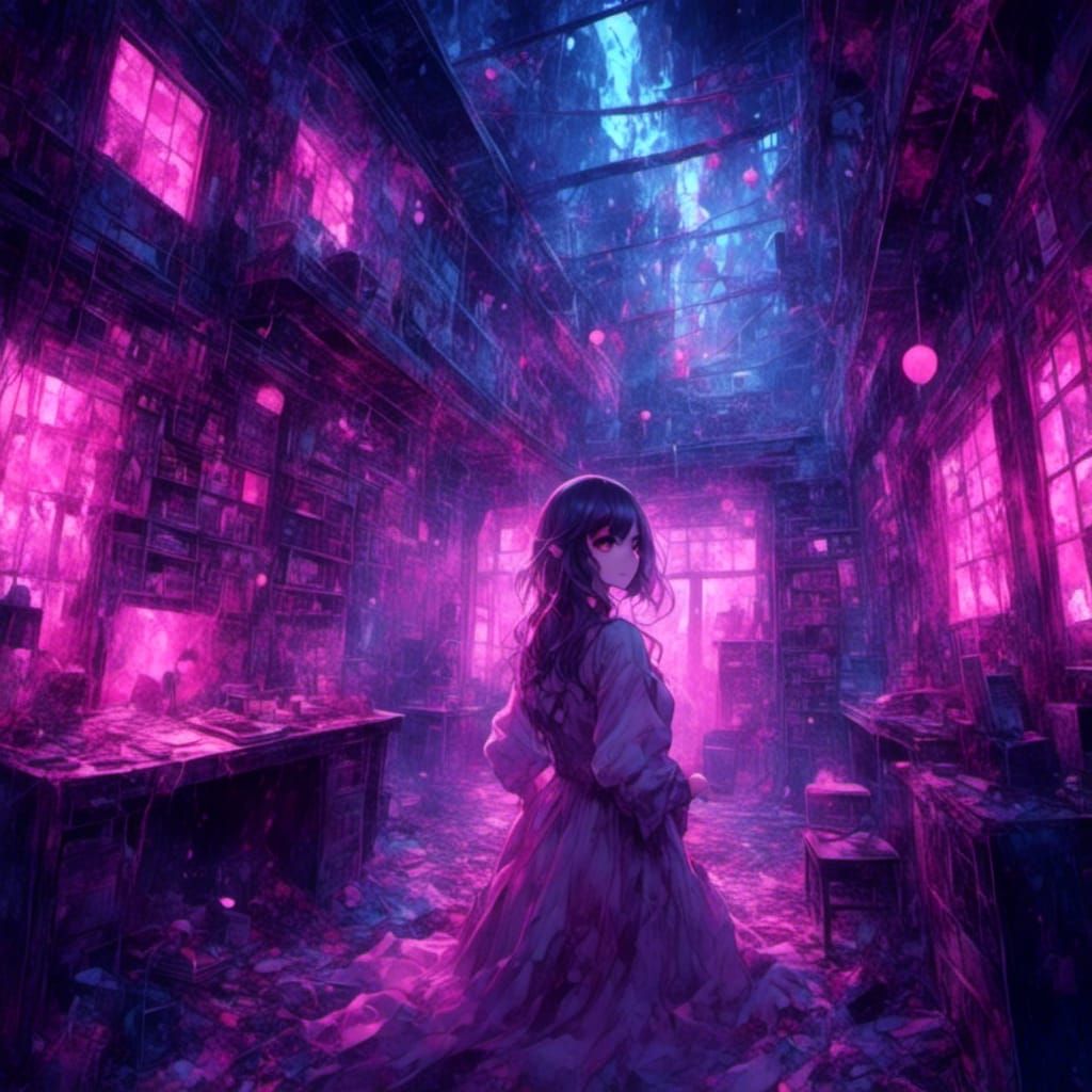 Cute Anime Ghost Girl in Haunted Synthwave House