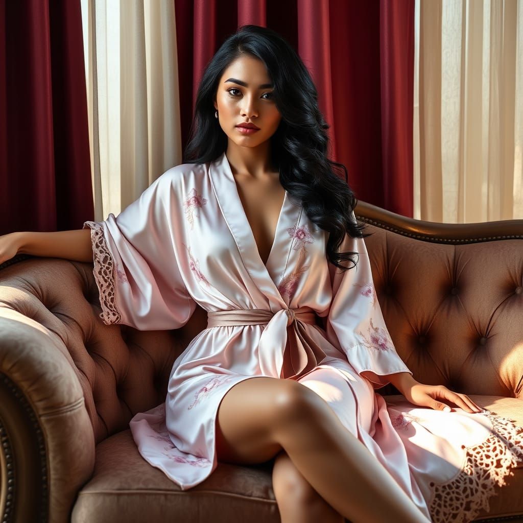 Elegant Indonesian Woman in Silk Robe on Sofa