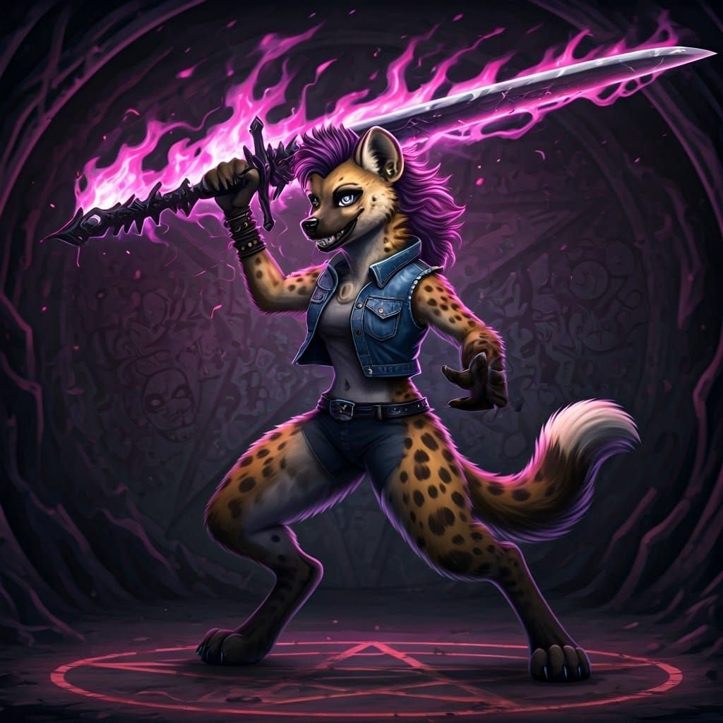 Anthropomorphic Hyena Warrior with Flaming Sword