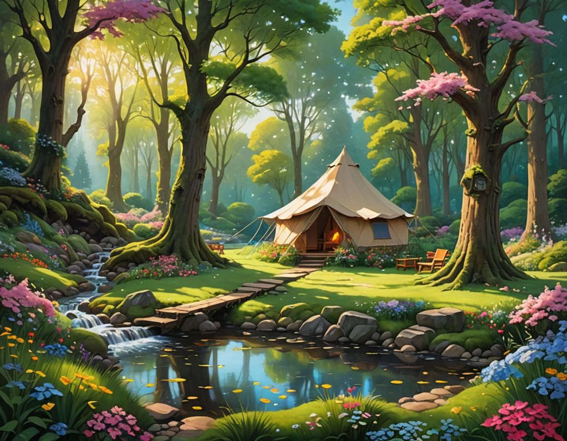 Cozy Campsite in Flowered Grove: Oil Painting