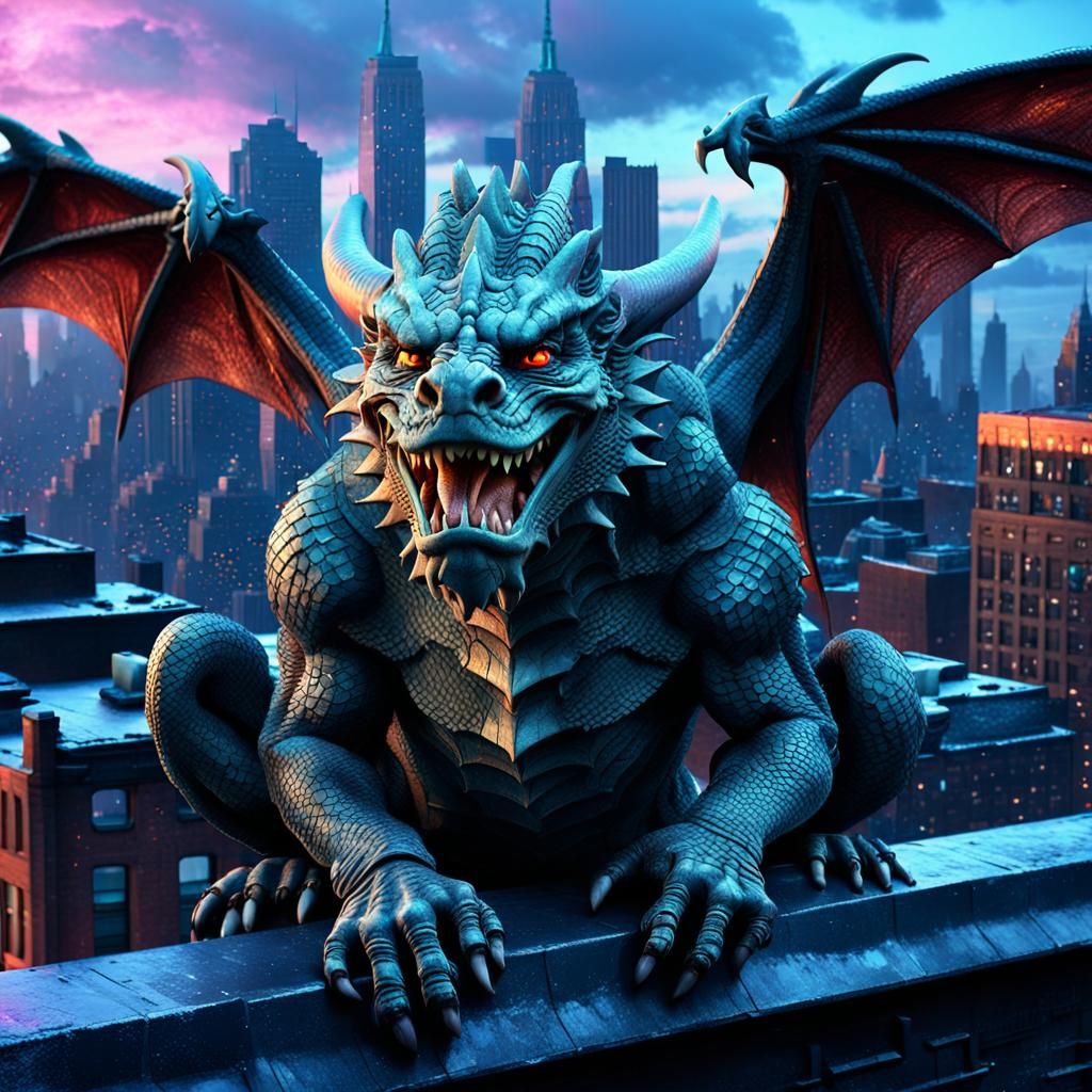 Dragon Gargoyle Overlooking Nightclub, Digital Matte Paintin...