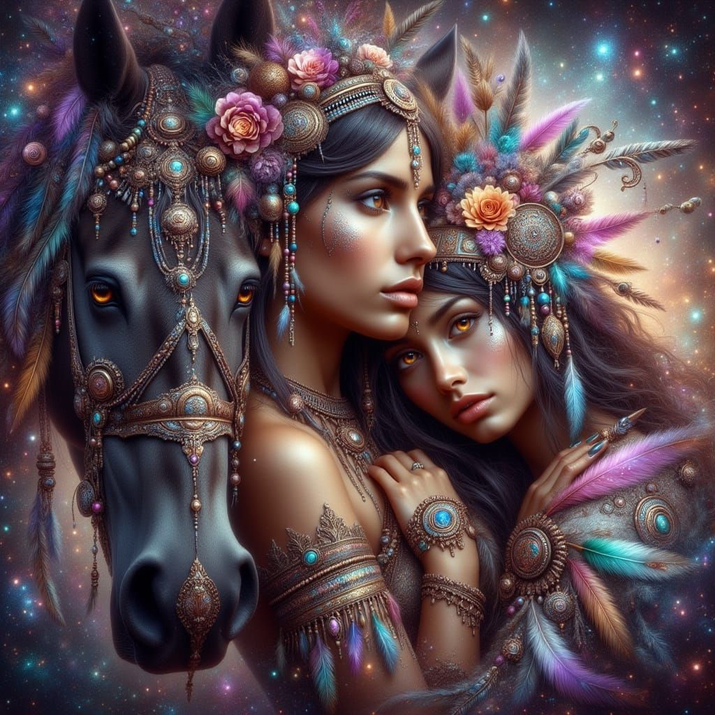 Elegant Woman Embracing Her Horse in a Dreamlike Scene