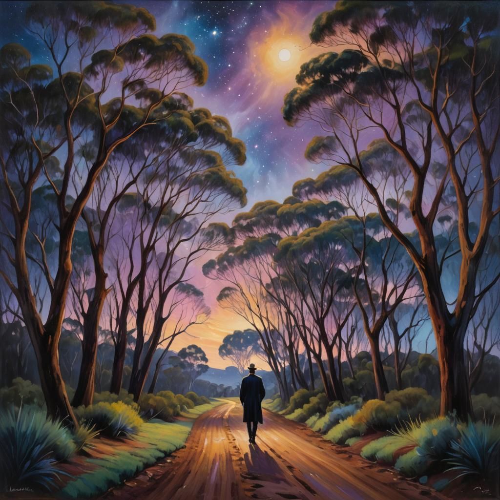 Australian Impressionism: Starry Night Walk Among Eucalyptus