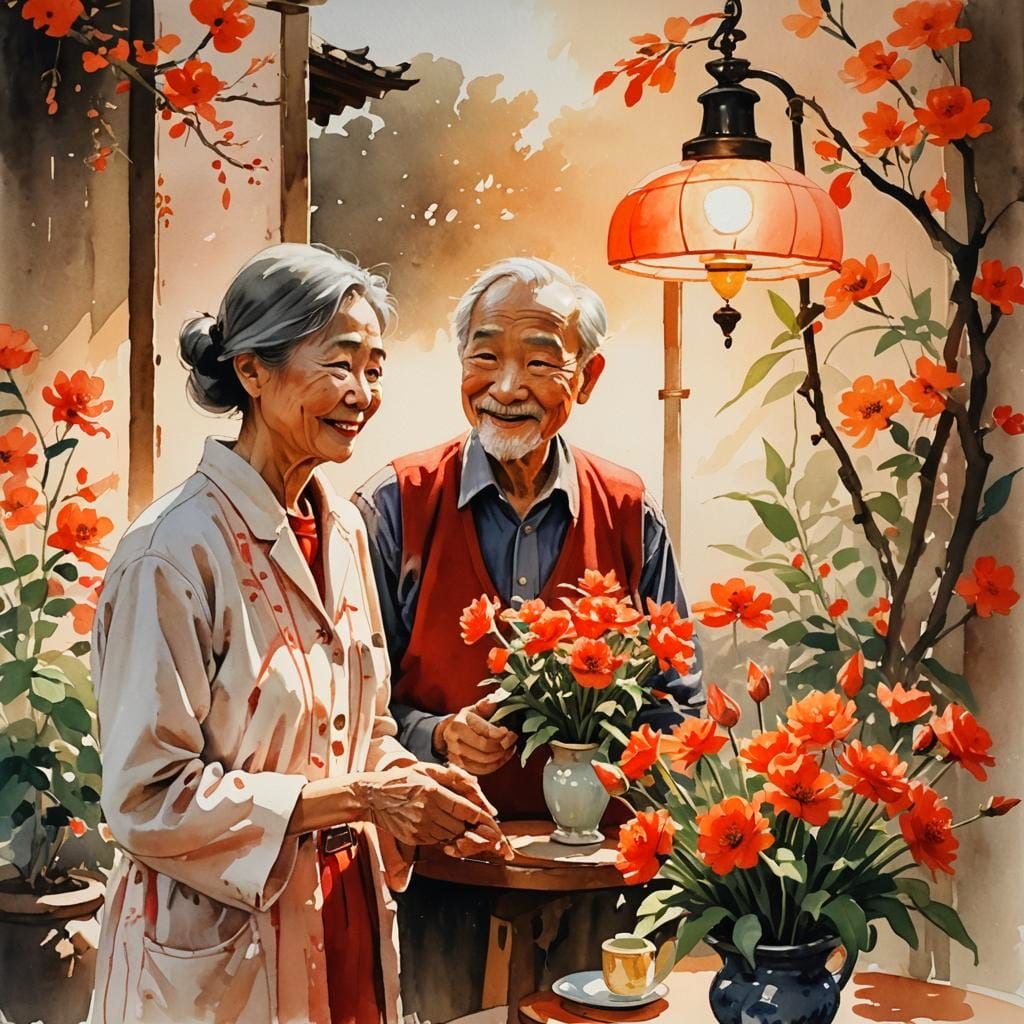 Heartwarming Gouache Painting of Affectionate Couple