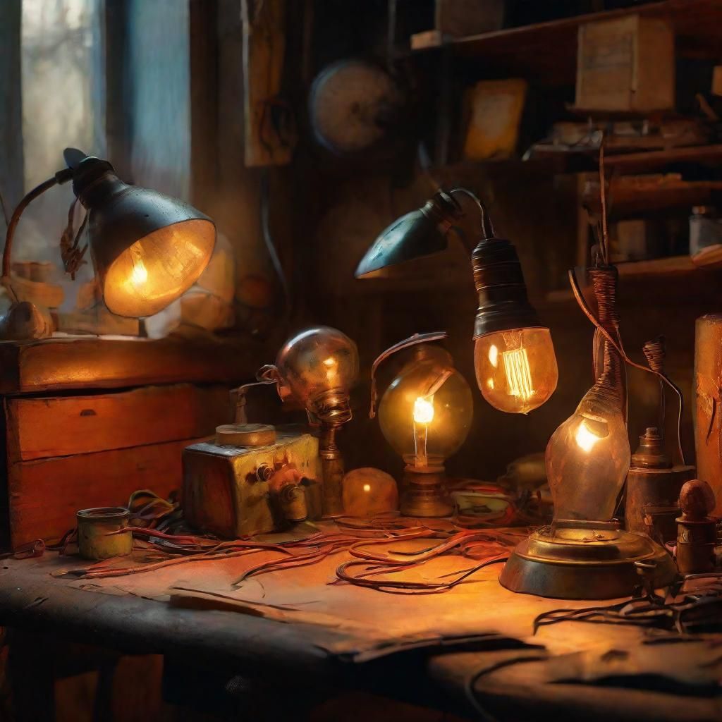 Unconventional Lamps on Cluttered Workbench as Oil Painting