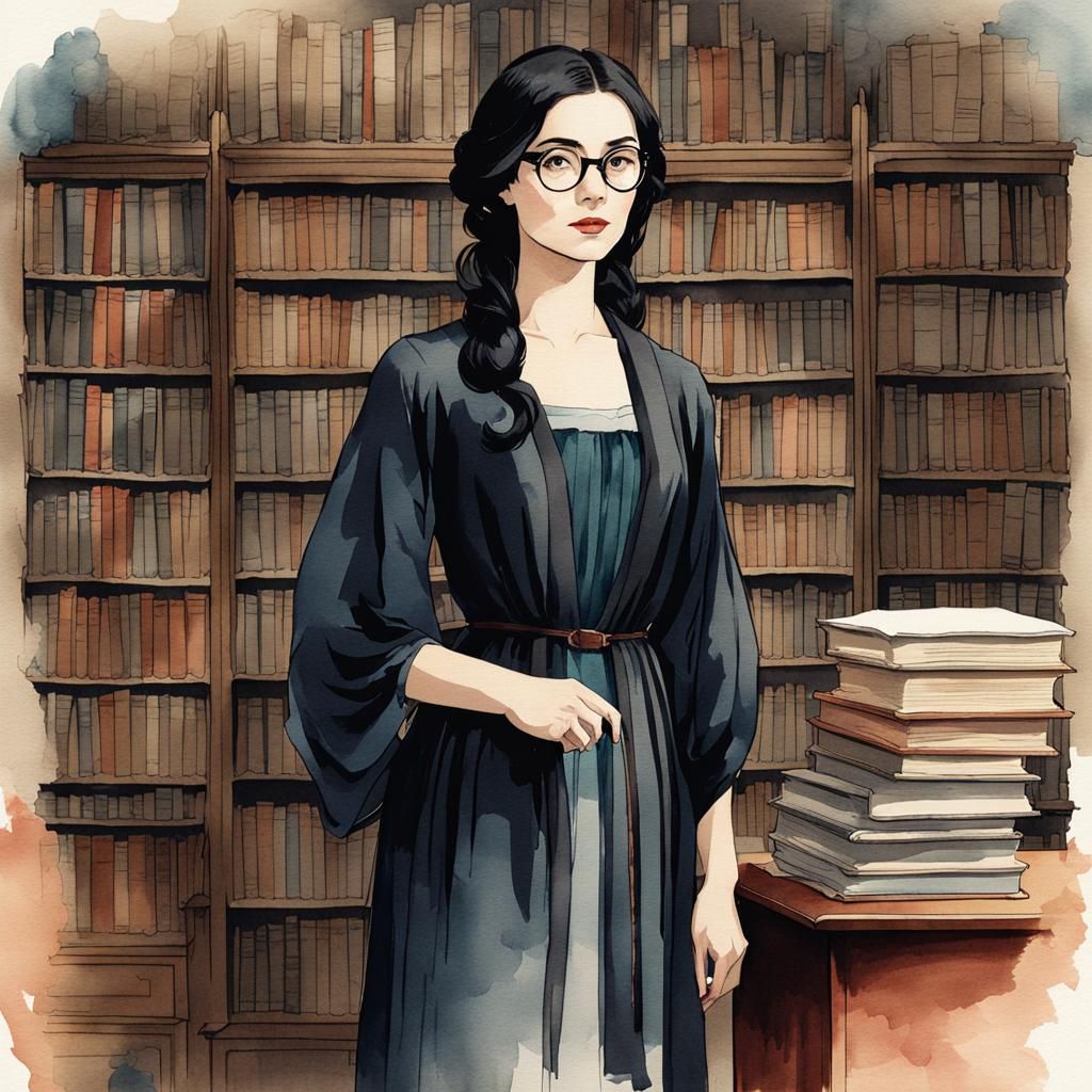 Woman in Library, Minimalist Ink and Watercolor