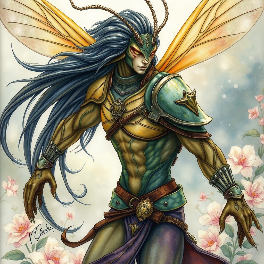 Elegant Insectoid Hybrid in Watercolor Storybook Style