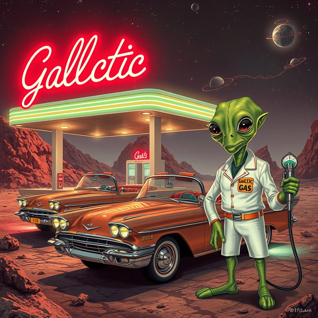 Retro-Futuristic Gas Station on Asteroid in Space