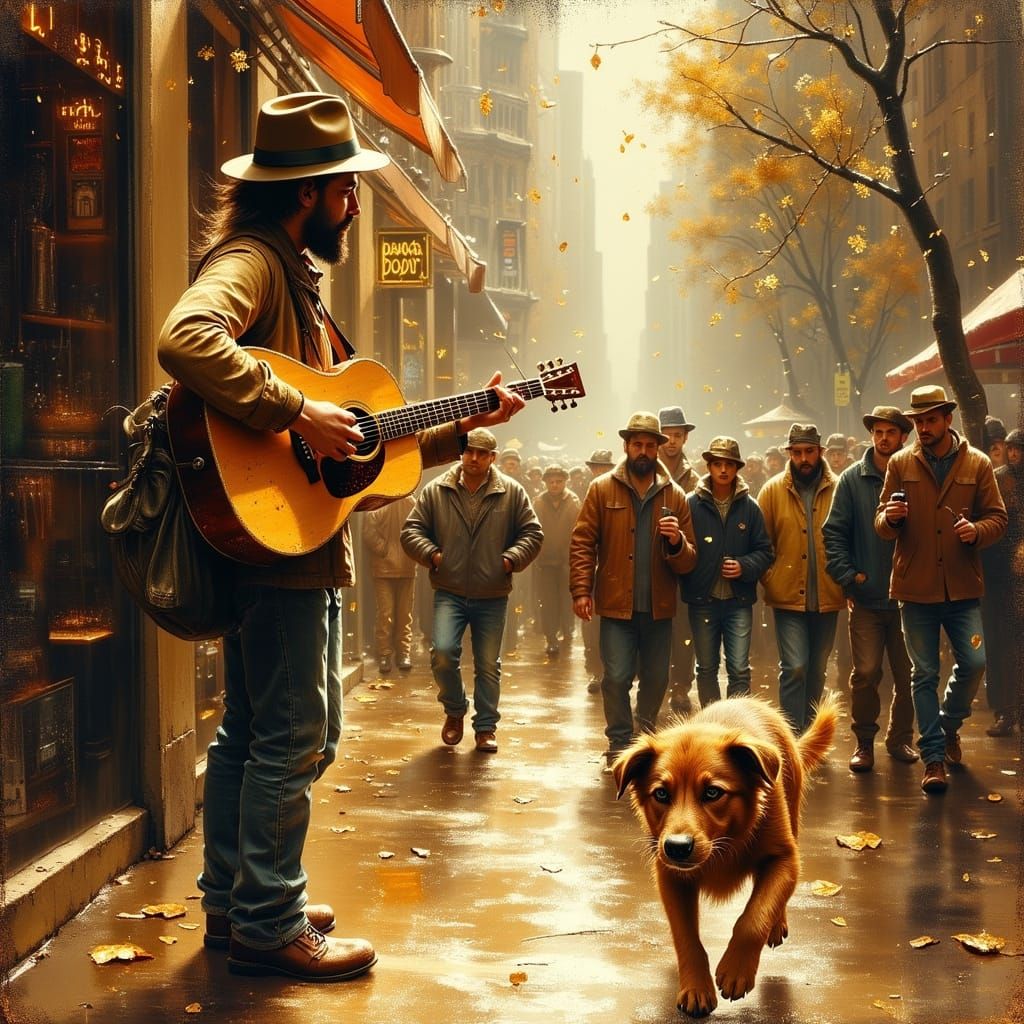 Soulful Busker Performs in Bustling Urban Streetscape