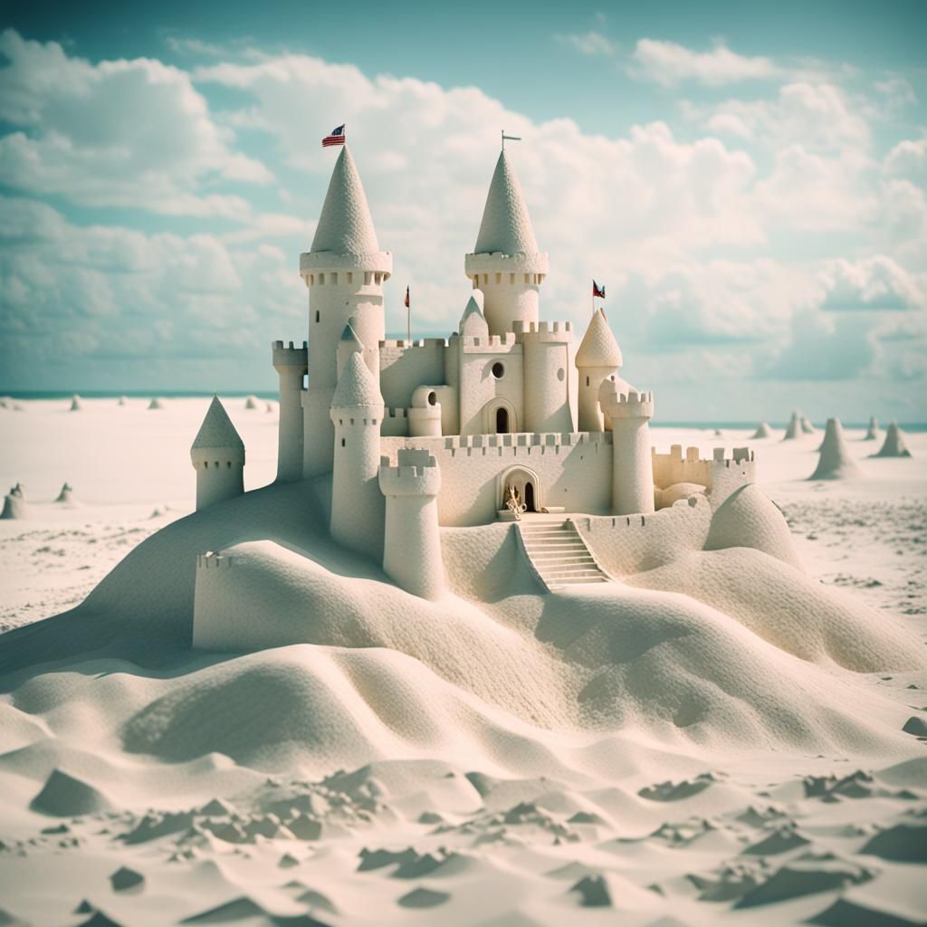 Girl's White Sand Castle: Cinematic Film Still