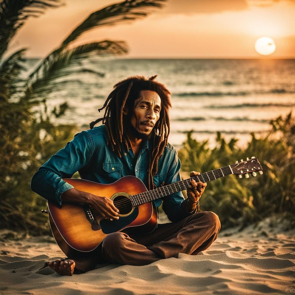 Cinematic Beach Sunset Scene with Acoustic Guitar