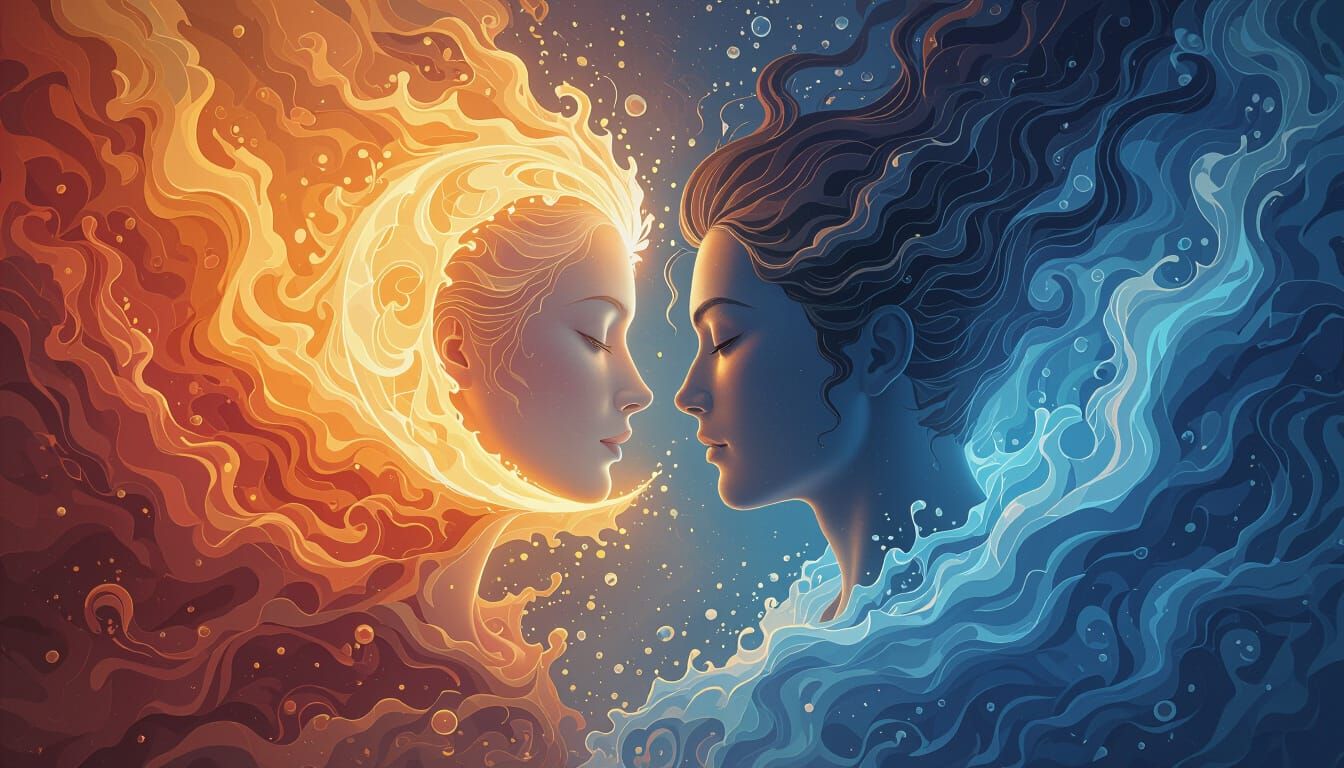 Yin and Yang Love Portrait in Cosmic Splash Art Style