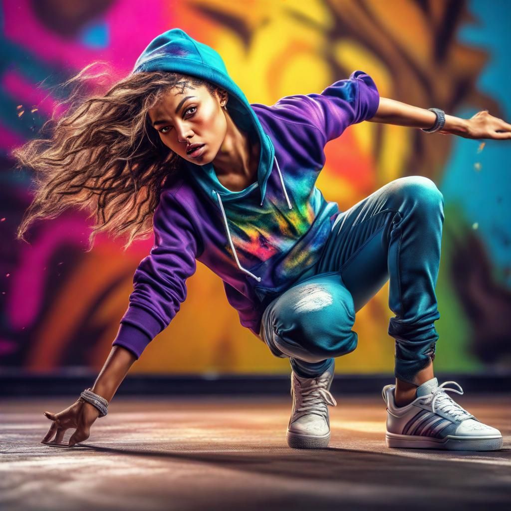 Hyperrealistic Breakdancing Girl in Hip Hop Fashion