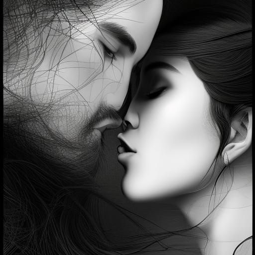 Lovers Kissing in Dramatic Light and Shadow