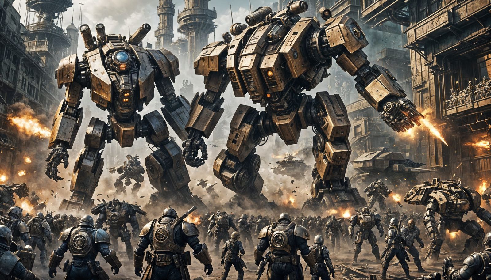 Steampunk Mechs Clash on Cyberpunk Battlefield